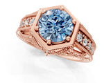 Rose gold Hexagon Bezel Fancy Blue Round Cut Diamond Milgrain Split Shank Ring_1