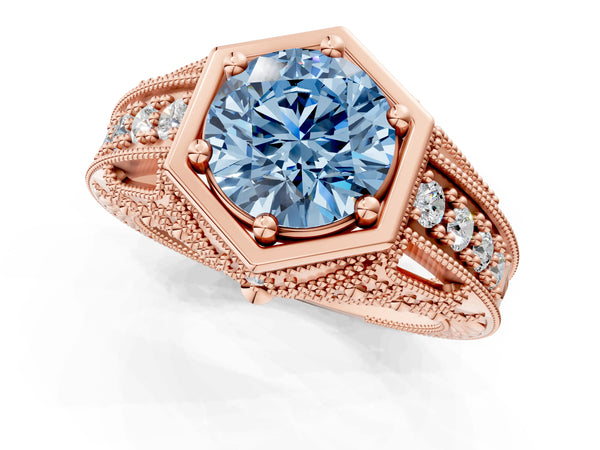 Rose gold Hexagon Bezel Fancy Blue Round Cut Diamond Milgrain Split Shank Ring