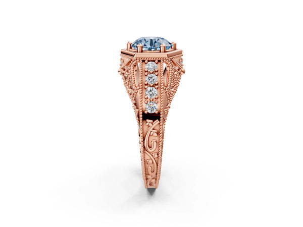 Rose gold Hexagon Bezel Fancy Blue Round Cut Diamond Milgrain Split Shank Ring