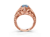 Rose gold Hexagon Bezel Fancy Blue Round Cut Diamond Milgrain Split Shank Ring_3
