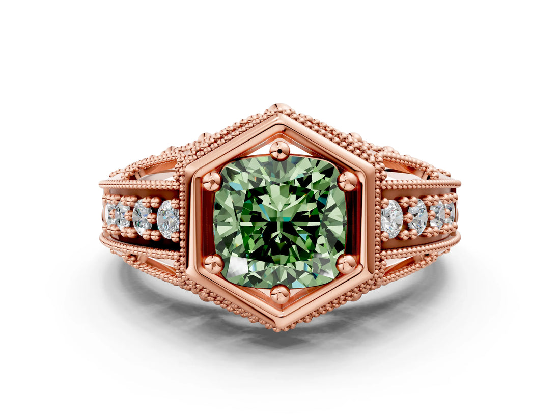 Rose gold Hexagon Bezel Fancy Green Cushion Cut Diamond Milgrain Split Shank Ring