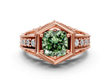 Rose gold Hexagon Bezel Fancy Green Cushion Cut Diamond Milgrain Split Shank Ring