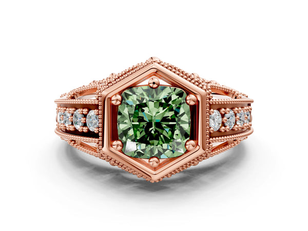 Rose gold Hexagon Bezel Fancy Green Cushion Cut Diamond Milgrain Split Shank Ring