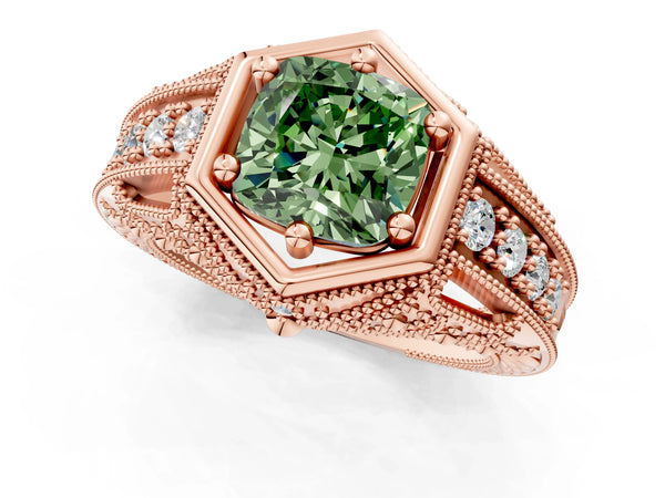 Rose gold Hexagon Bezel Fancy Green Cushion Cut Diamond Milgrain Split Shank Ring