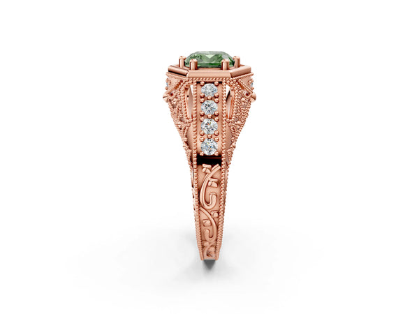 Rose gold Hexagon Bezel Fancy Green Cushion Cut Diamond Milgrain Split Shank Ring