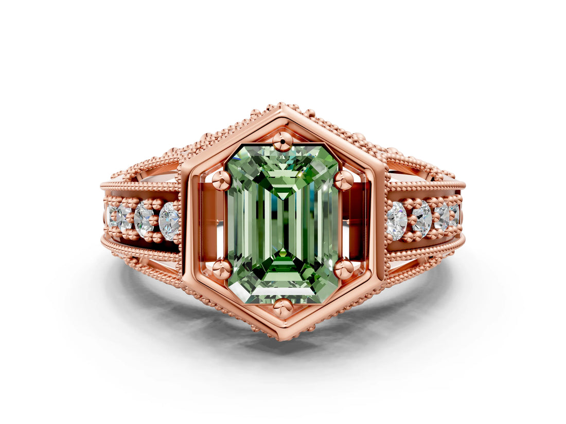 Rose gold Hexagon Bezel Fancy Green Emerald Cut Diamond Milgrain Split Shank Ring