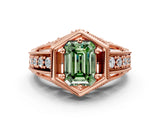 Rose gold Hexagon Bezel Fancy Green Emerald Cut Diamond Milgrain Split Shank Ring