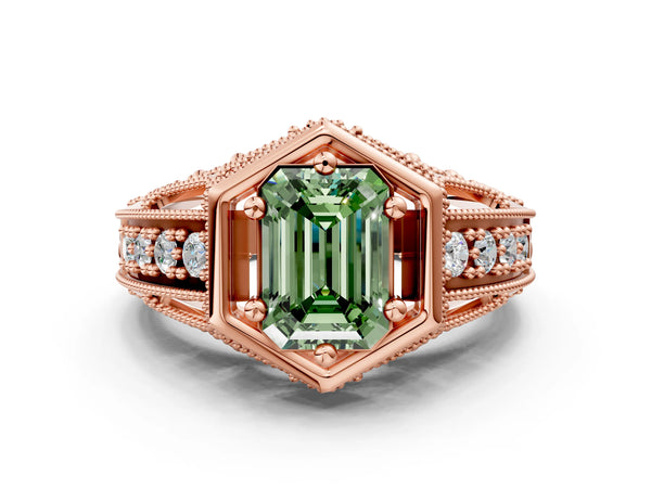 Rose gold Hexagon Bezel Fancy Green Emerald Cut Diamond Milgrain Split Shank Ring