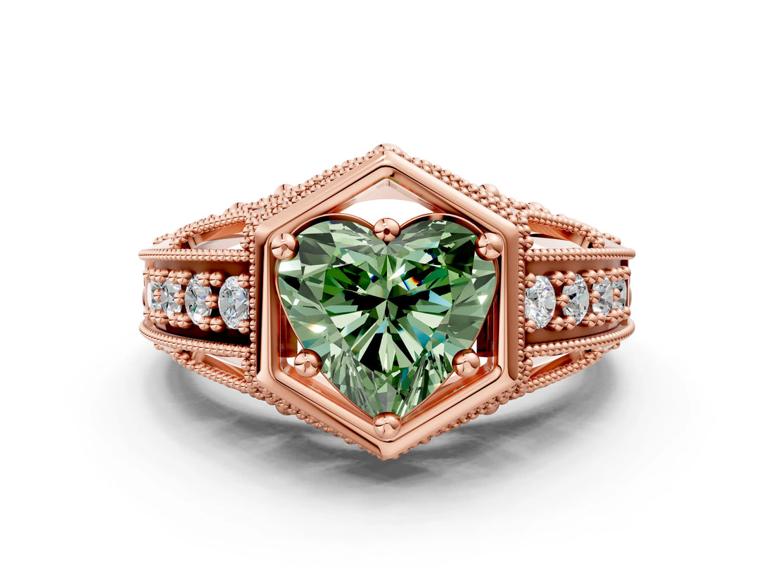 Rose gold Hexagon Bezel Fancy Green Heart Cut Diamond Milgrain Split Shank Ring