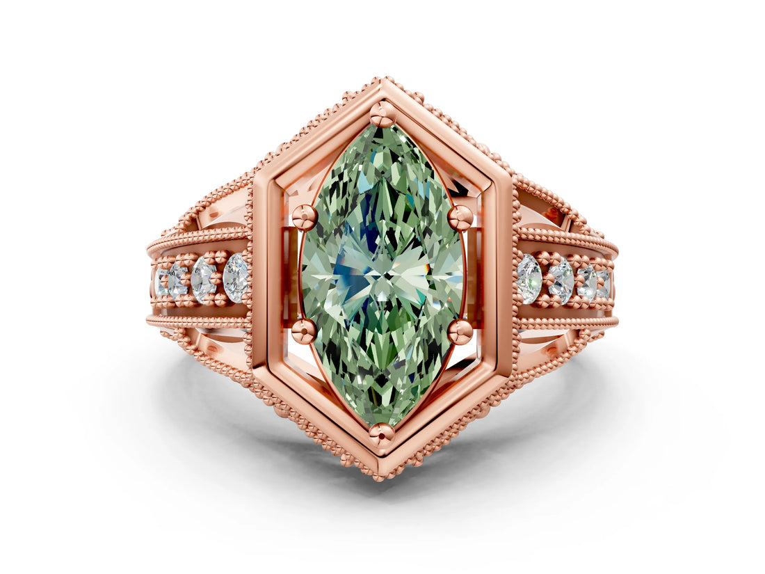 Rose gold Hexagon Bezel Fancy Green Marquise Cut Diamond Milgrain Split Shank Ring