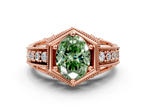Rose gold Hexagon Bezel Fancy Green Oval Cut Diamond Milgrain Split Shank Ring