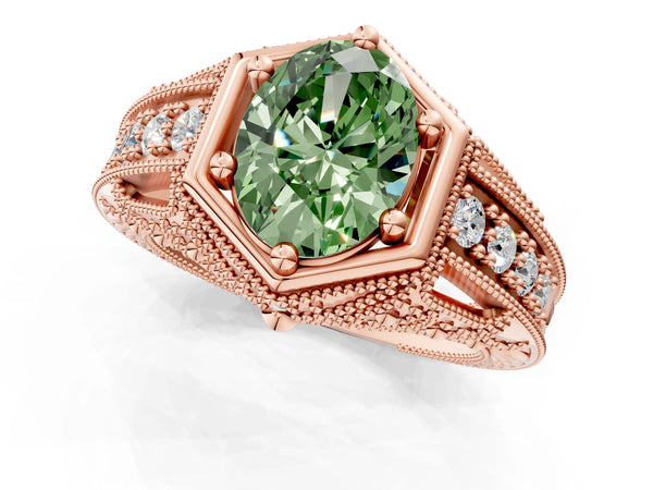Rose gold Hexagon Bezel Fancy Green Oval Cut Diamond Milgrain Split Shank Ring