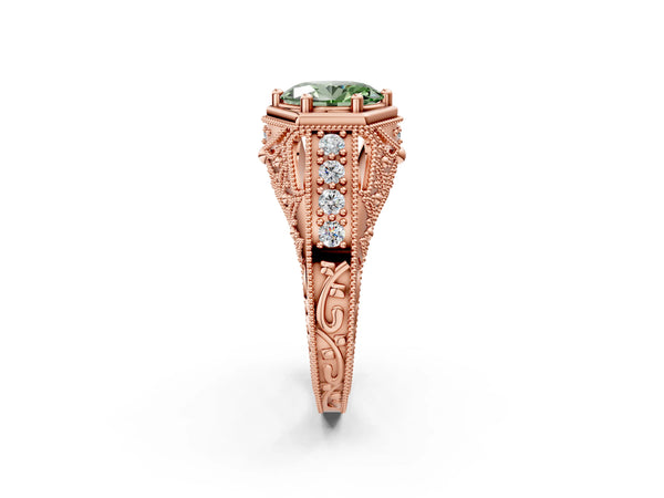 Rose gold Hexagon Bezel Fancy Green Oval Cut Diamond Milgrain Split Shank Ring