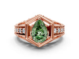 Rose gold Hexagon Bezel Fancy Green Pear Cut Diamond Milgrain Split Shank Ring