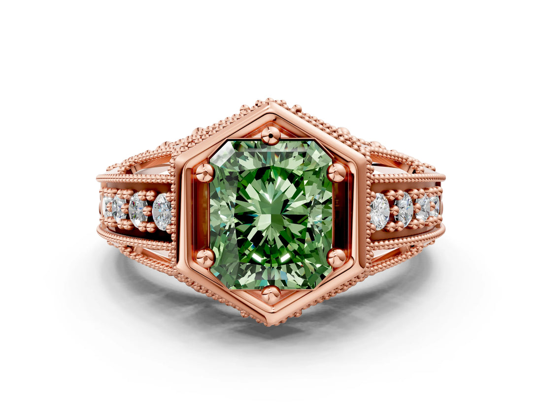Rose gold Hexagon Bezel Fancy Green Radiant Cut Diamond Milgrain Split Shank Ring
