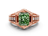 Rose gold Hexagon Bezel Fancy Green Radiant Cut Diamond Milgrain Split Shank Ring