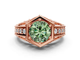 Rose gold Hexagon Bezel Fancy Green Round Cut Diamond Milgrain Split Shank Ring