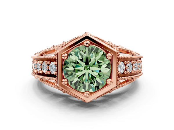 Rose gold Hexagon Bezel Fancy Green Round Cut Diamond Milgrain Split Shank Ring