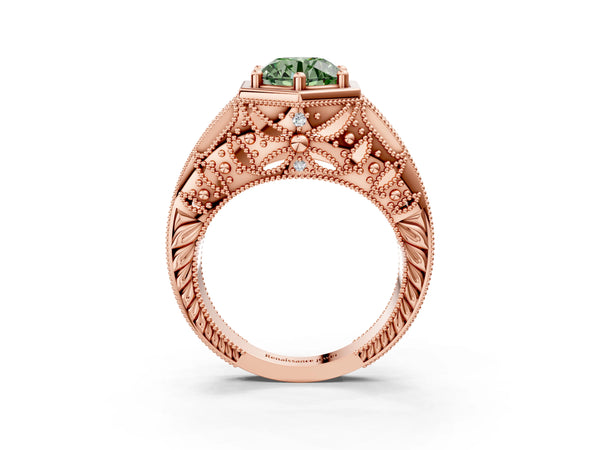 Rose gold Hexagon Bezel Fancy Green Round Cut Diamond Milgrain Split Shank Ring