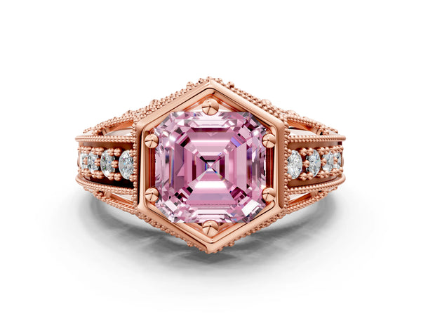 Rose gold Hexagon Bezel Fancy Pink Asscher Cut Diamond Milgrain Split Shank Ring