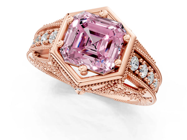 Rose gold Hexagon Bezel Fancy Pink Asscher Cut Diamond Milgrain Split Shank Ring