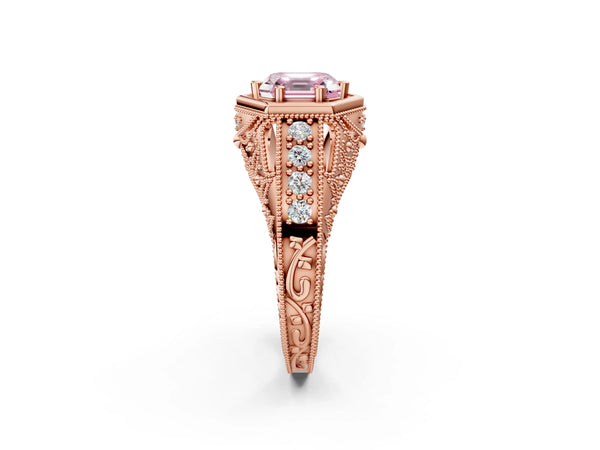 Rose gold Hexagon Bezel Fancy Pink Asscher Cut Diamond Milgrain Split Shank Ring