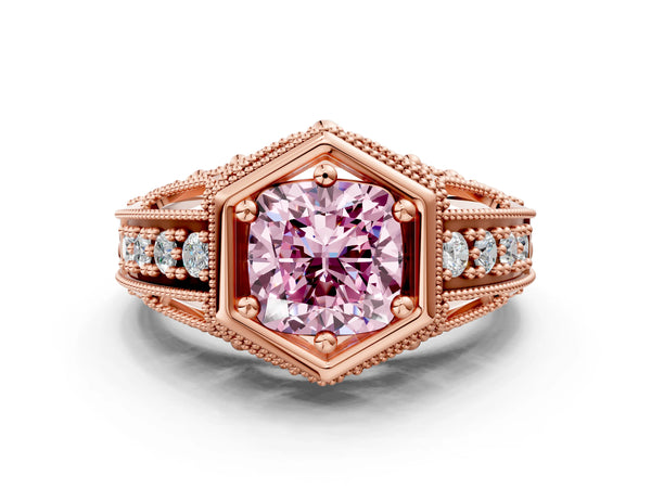 Rose gold Hexagon Bezel Fancy Pink Cushion Cut Diamond Milgrain Split Shank Ring