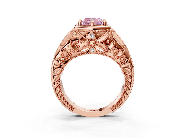 Rose gold Hexagon Bezel Fancy Pink Cushion Cut Diamond Milgrain Split Shank Ring