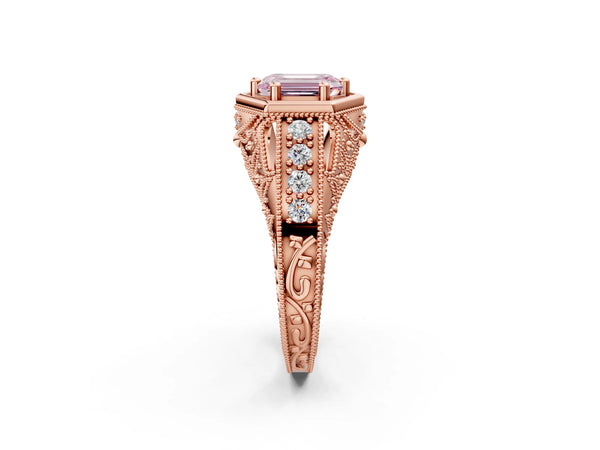 Rose gold Hexagon Bezel Fancy Pink Emerald Cut Diamond Milgrain Split Shank Ring