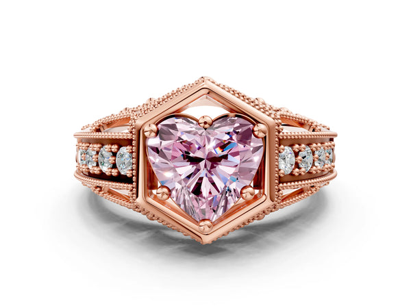 Rose gold Hexagon Bezel Fancy Pink Heart Cut Diamond Milgrain Split Shank Ring
