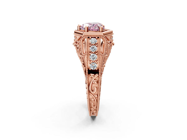 Rose gold Hexagon Bezel Fancy Pink Heart Cut Diamond Milgrain Split Shank Ring