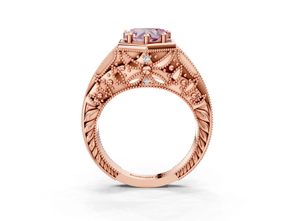 Rose gold Hexagon Bezel Fancy Pink Heart Cut Diamond Milgrain Split Shank Ring