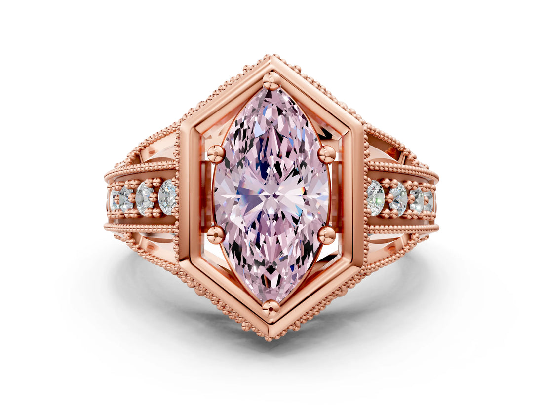 Rose gold Hexagon Bezel Fancy Pink Marquise Cut Diamond Milgrain Split Shank Ring