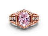 Rose gold Hexagon Bezel Fancy Pink Oval Cut Diamond Milgrain Split Shank Ring