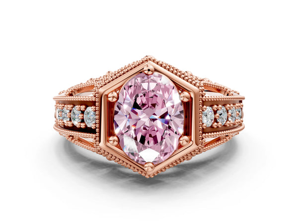 Rose gold Hexagon Bezel Fancy Pink Oval Cut Diamond Milgrain Split Shank Ring