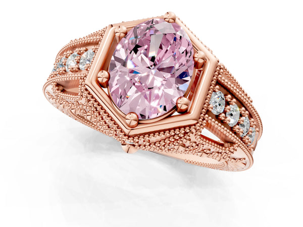 Rose gold Hexagon Bezel Fancy Pink Oval Cut Diamond Milgrain Split Shank Ring