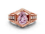 Rose gold Hexagon Bezel Fancy Pink Pear Cut Diamond Milgrain Split Shank Ring