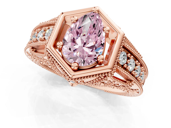 Rose gold Hexagon Bezel Fancy Pink Pear Cut Diamond Milgrain Split Shank Ring