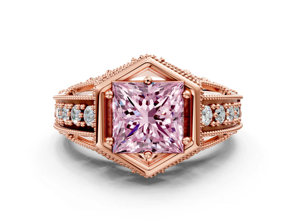 Rose gold Hexagon Bezel Fancy Pink Princess Cut Diamond Milgrain Split Shank Ring