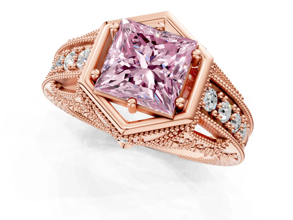 Rose gold Hexagon Bezel Fancy Pink Princess Cut Diamond Milgrain Split Shank Ring