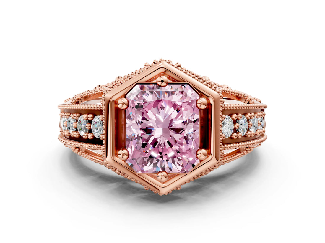 Rose gold Hexagon Bezel Fancy Pink Radiant Cut Diamond Milgrain Split Shank Ring