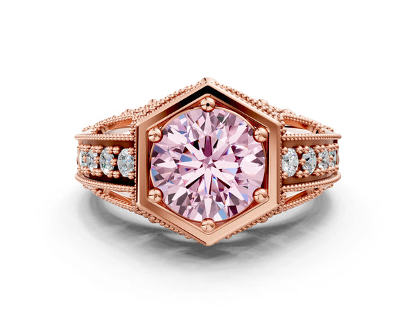 Rose gold Hexagon Bezel Fancy Pink Round Cut Diamond Milgrain Split Shank Ring