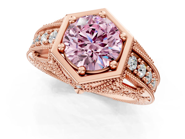 Rose gold Hexagon Bezel Fancy Pink Round Cut Diamond Milgrain Split Shank Ring
