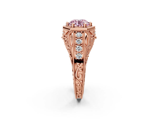 Rose gold Hexagon Bezel Fancy Pink Round Cut Diamond Milgrain Split Shank Ring