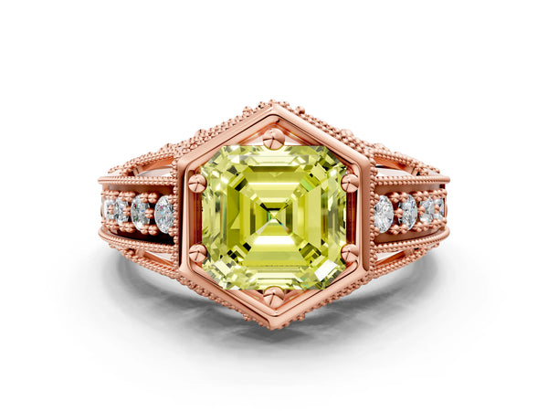 Rose gold Hexagon Bezel Fancy Yellow Asscher Cut Diamond Milgrain Split Shank Ring