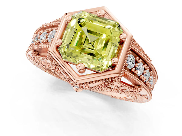 Rose gold Hexagon Bezel Fancy Yellow Asscher Cut Diamond Milgrain Split Shank Ring