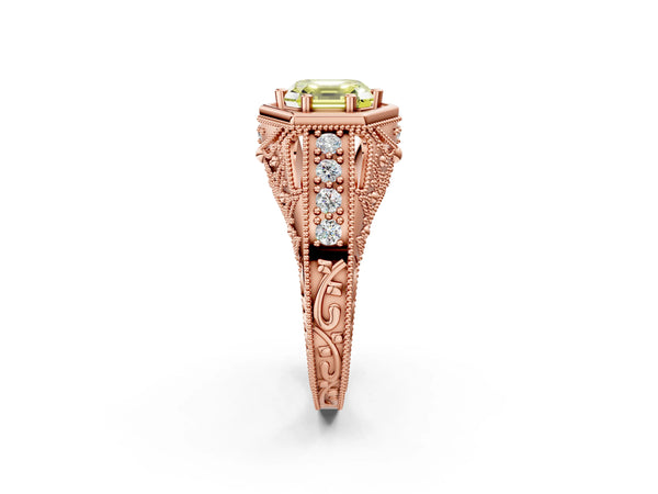 Rose gold Hexagon Bezel Fancy Yellow Asscher Cut Diamond Milgrain Split Shank Ring