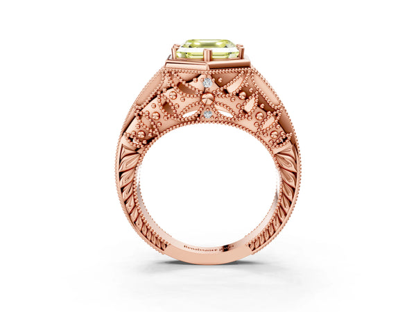 Rose gold Hexagon Bezel Fancy Yellow Asscher Cut Diamond Milgrain Split Shank Ring