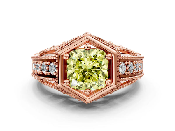 Rose gold Hexagon Bezel Fancy Yellow Cushion Cut Diamond Milgrain Split Shank Ring