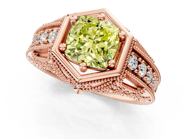 Rose gold Hexagon Bezel Fancy Yellow Cushion Cut Diamond Milgrain Split Shank Ring